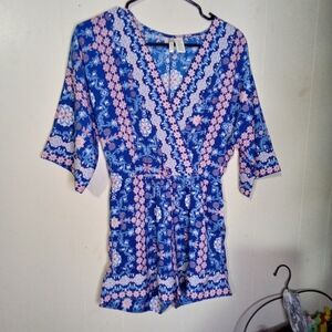 Japna Blue Floral Surplice Romper with Pink Accents